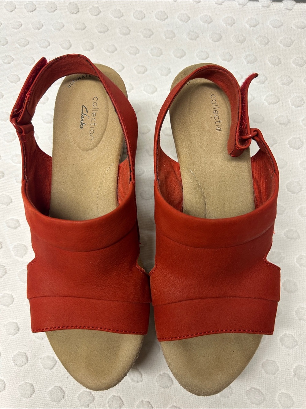 Clarks RedOrange Open-Toe Slingback Wedge Sandals. VGC